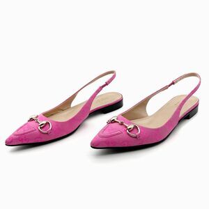 GUCCI Erin Horsebit Pointed Toe Slingback Flat Size 37 Pink GG Guccissima